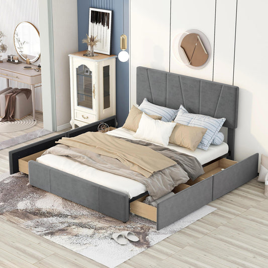 Queen Size Upholstery Platform Bed with Four Drawers on Two Sides, Adjustable Headboard, Grey