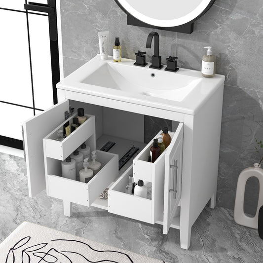 30" White Bathroom Vanity, Multi-functional Cabinet
