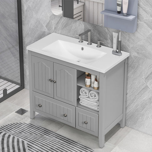 36" Bathroom Vanity with Ceramic Basin, Bathroom Storage Cabinet with Two Doors and Drawers, Solid Frame, Metal Handles, Grey