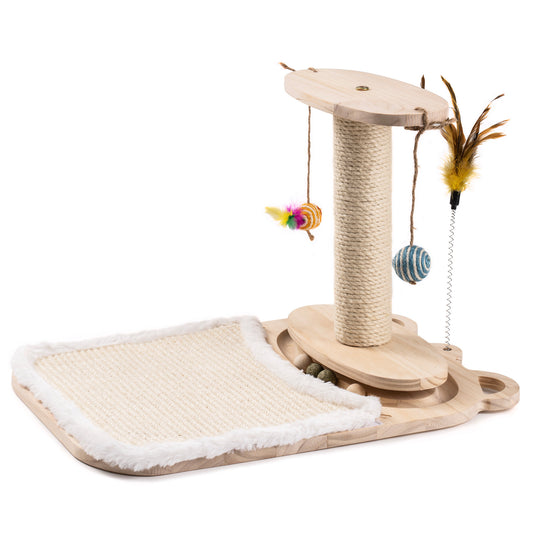 Cat Toy 1-Layer Turntable Cat Ball Toy with Feather Stick,Interactive Cat Toy with 5 Interactive Balls ,Cat Scratching Post with Mat