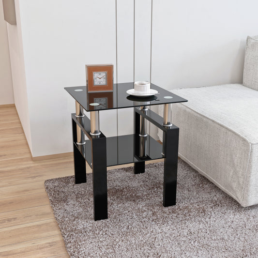 1-Piece Modern Tempered Glass Tea Table Coffee Table End Table, Square Table for Living Room, Black