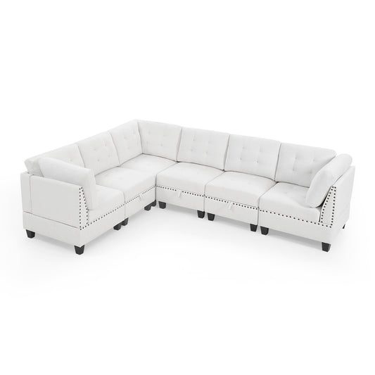L shape Modular Sectional Sofa,DIY Combination,includes Three Single Chair and Three Corner ,Ivory Chenille