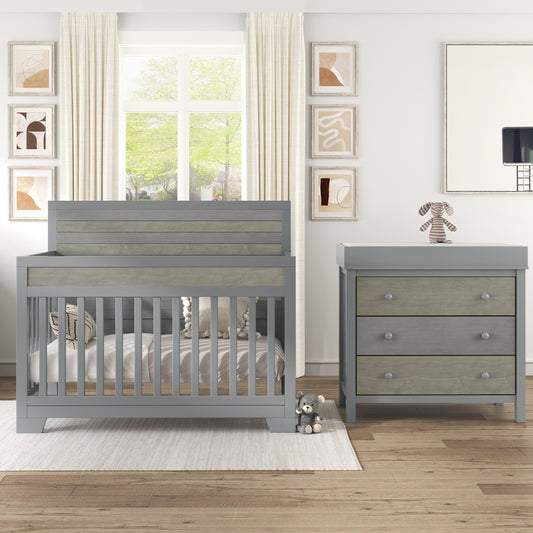 3-Piece Gray Nursery Set: Crib, Changer Dresser with Removable Tray