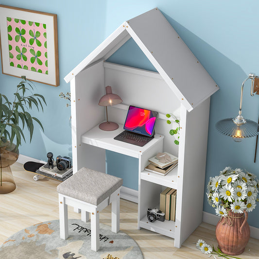 House-Shaped Desk with a cushion stool,White