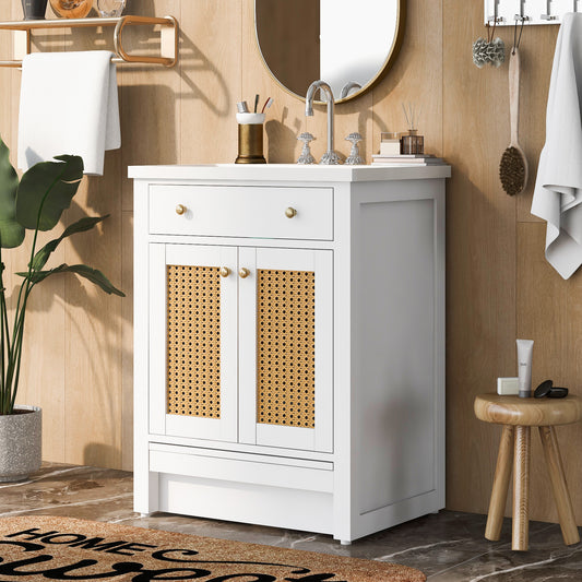 24" Bathroom Vanity: Single Sink, White Combo Cabinet, Storage, Solid Wood Frame