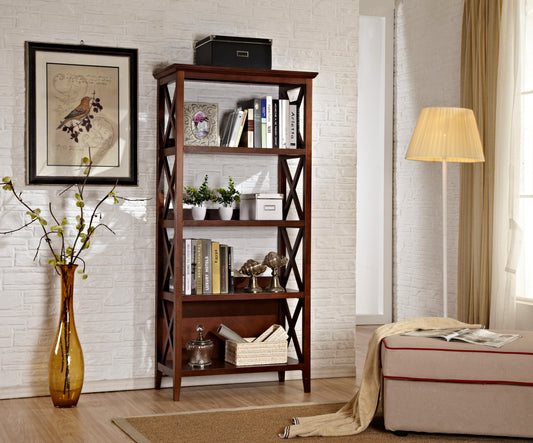 4-Tier 67" Bookshelf: Solid Frame, Home and Office Organizer - Walnut