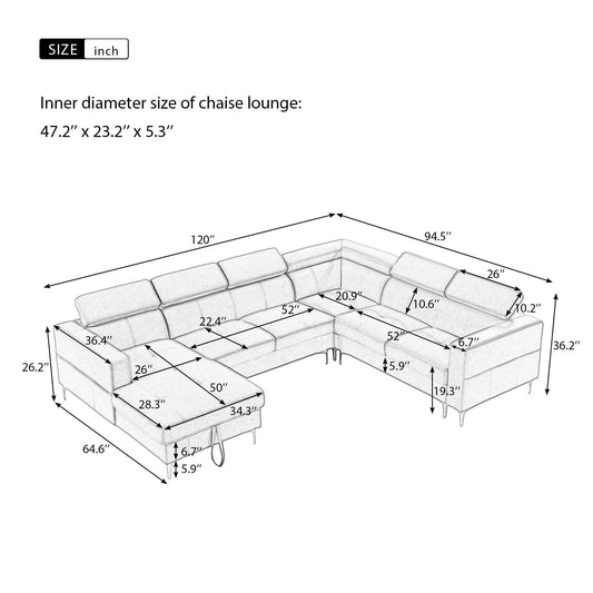"120''x94.5'' U-Shape Sectional Sofa - Linen Fabric, Storage, Head Adjustment (Smoke Wood)