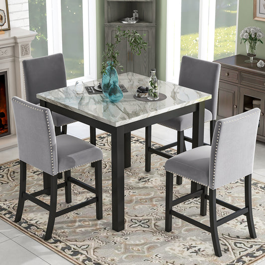 5-piece Counter Height Dining Table Set with One Faux Marble Dining Table and Four Upholstered-Seat Chairs, Table top: 40in.L x40in.W, for Kitchen and Living room Furniture,Grey