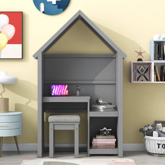 House-Shaped Desk with a cushion stooll,Grey