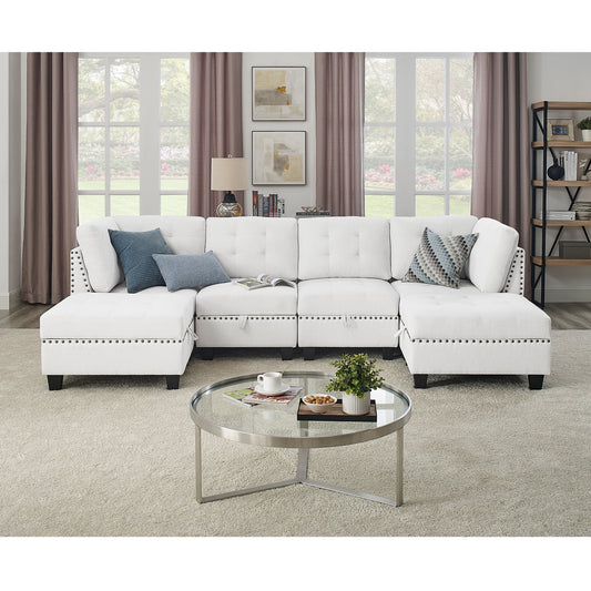 U shape Modular Sectional Sofa,DIY Combination,includes Two Single Chair ,Two Corner and Two Ottoman,Ivory Chenille
