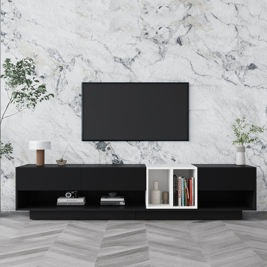 ON-TREND Sleek and Stylish TV Stand with Perfect Storage Solution, Two-tone Media Console for TVs Up to 80'', Functional TV Cabinet with Versatile Compartment for Living Room, Black