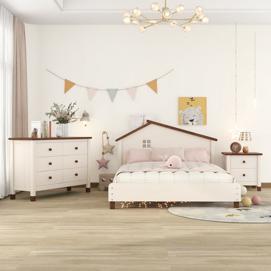 Full Size Platform Bedroom Set with Nightstand, Storage Dresser, Cream+Walnut