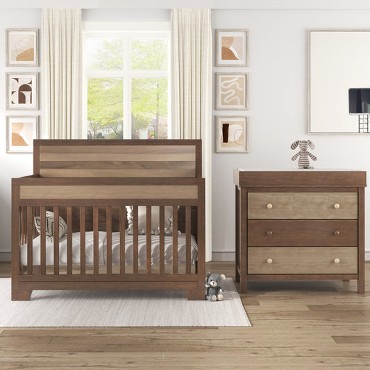 3-Piece Brown Nursery Set: Crib, Changer Dresser with Removable Tray