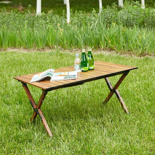 1-piece Folding Outdoor Table,Lightweight Aluminum Roll-up Rectangular Table for indoor, Outdoor Camping, Picnics,Beach,Backyard, BBQ, Party, Patio, Brown