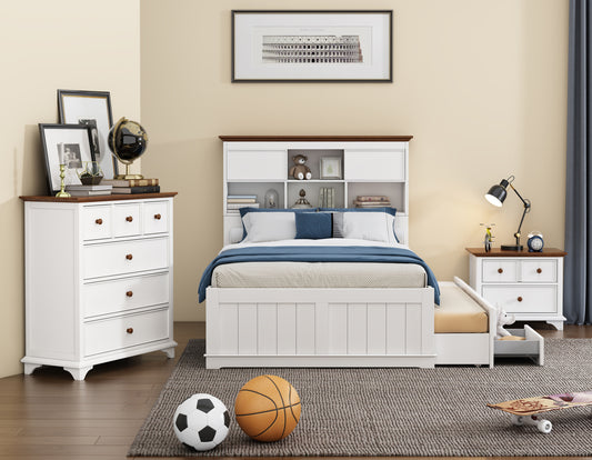 Wooden Captain 3-Piece Full Bedroom Set: Trundle Bed, Nightstand, Chest (White + Walnut)