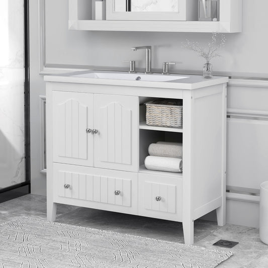 36" Bathroom Vanity with Ceramic Basin, Bathroom Storage Cabinet with Two Doors and Drawers, Solid Frame, Metal Handles, White