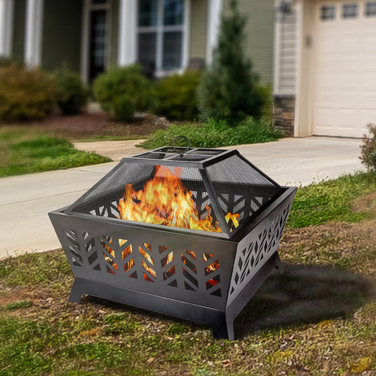 25.98'' Square Outdoor Iron Fire Pit - Stylish and Durable