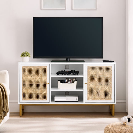 47" Mid Century Modern White TV Stand - Adjustable Shelf, Rattan, Entertainment Cabinet