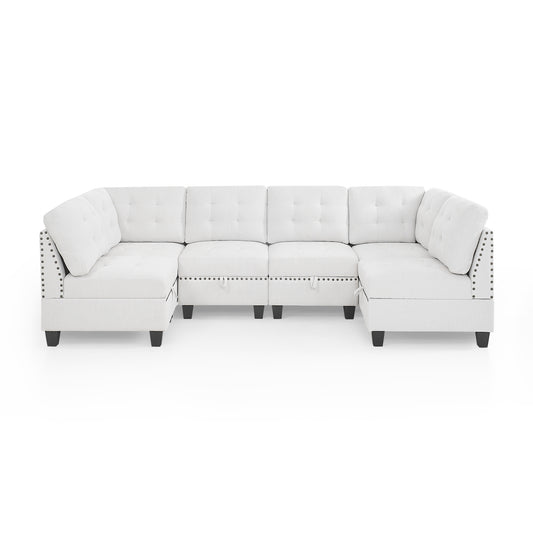U shape Modular Sectional Sofa,DIY Combination,includes Four Single Chair and Two Corner,Ivory Chenille