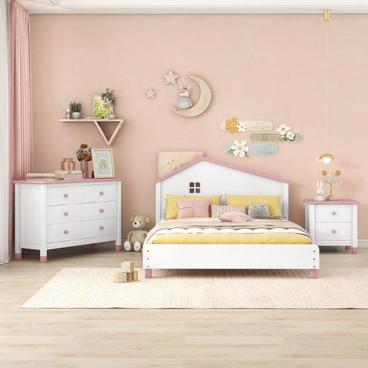 Full Size Platform Bedroom Set with Nightstand, Storage Dresser, White+Pink