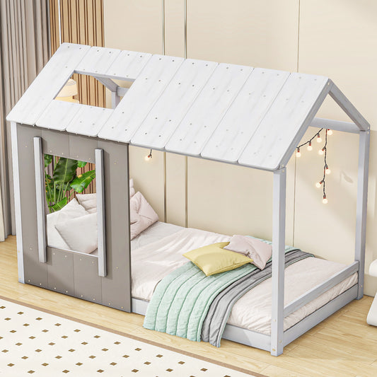 Twin Size House Platform with Roof and Window, White+Antique Grey