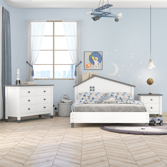 Full Size Platform Bedroom Set with Nightstand, Storage Dresser, White+Gray