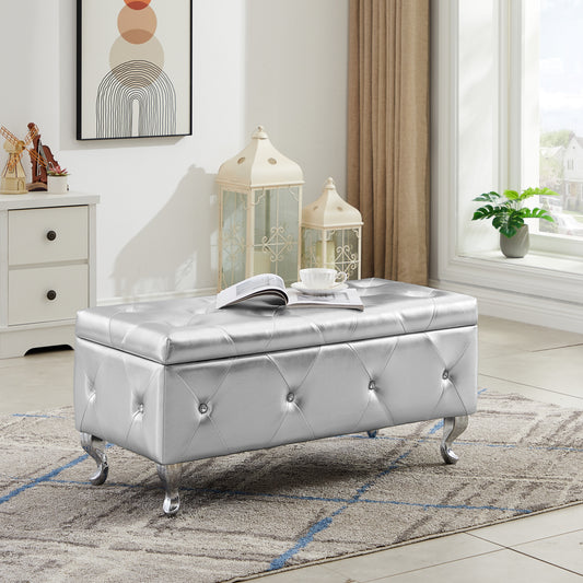 Storage Bench, Flip Top Entryway Bench Seat with Safety Hinge, Storage Chest with Padded Seat, Bed End Stool for Hallway Living Room Bedroom, Supports 250 lbs,Silver PU
