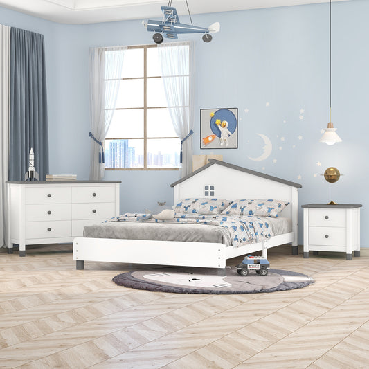 Full Size Platform Bedroom Set with Nightstand, Storage Dresser, White+Gray