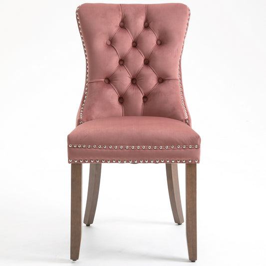 Upholstered Button Tufted Back Pink Velvet Dining Chair with Nailhead Trim and Solid Wood Legs 2 Sets