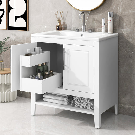 30" White Bathroom Vanity, Multi-functional Cabinet
