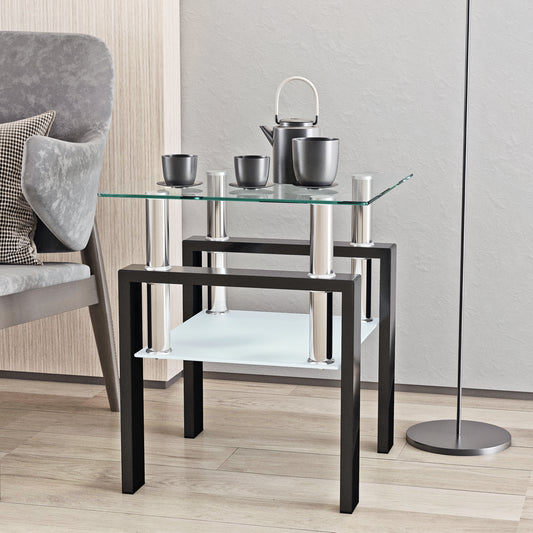 1-Piece Modern Tempered Glass Tea Table Coffee Table End Table, Square Table for Living Room, Transparent/Black