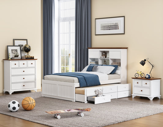 Wooden Captain 3-Piece Full Bedroom Set: Trundle Bed, Nightstand, Chest (White + Walnut)
