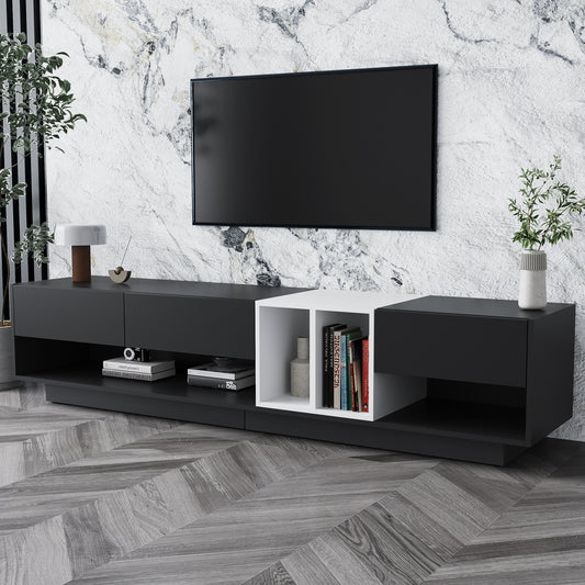ON-TREND Sleek and Stylish TV Stand with Perfect Storage Solution, Two-tone Media Console for TVs Up to 80'', Functional TV Cabinet with Versatile Compartment for Living Room, Black