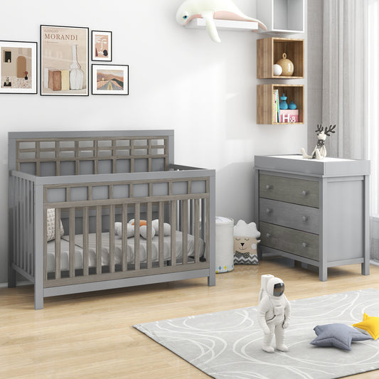 Gray 3-Piece Nursery Set: Crib, Changer Dresser, Removable Changing Tray