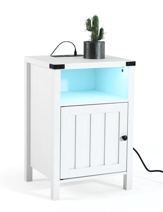 Nightstand with Charging Station, Side Table with RGB Light Strip, Modern End Table Beside Table with USB Ports and Outlets, Barn Door Cabinet, Open Shelf, Deep Storage for Bedroom, Living Room
