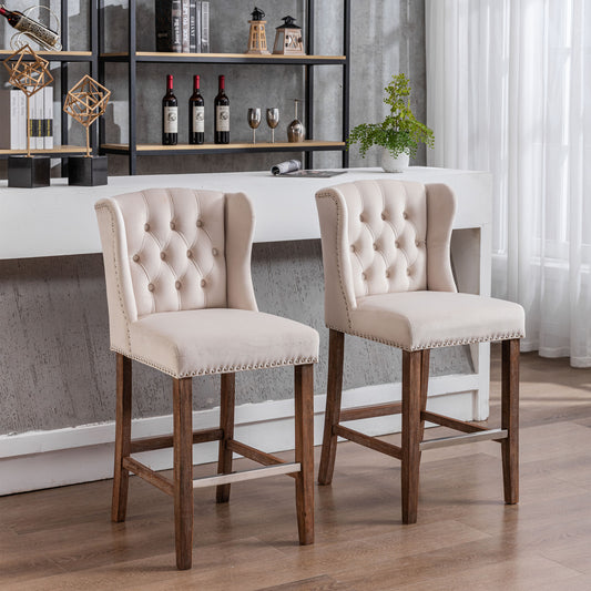 A&A Furniture,Counter Height Bar Stools, Upholstered 27" Seat Height Barstools, Wingback Breakfast Chairs with Nailhead-Trim & Tufted Back, Wood Legs, Set of 2(Beige)