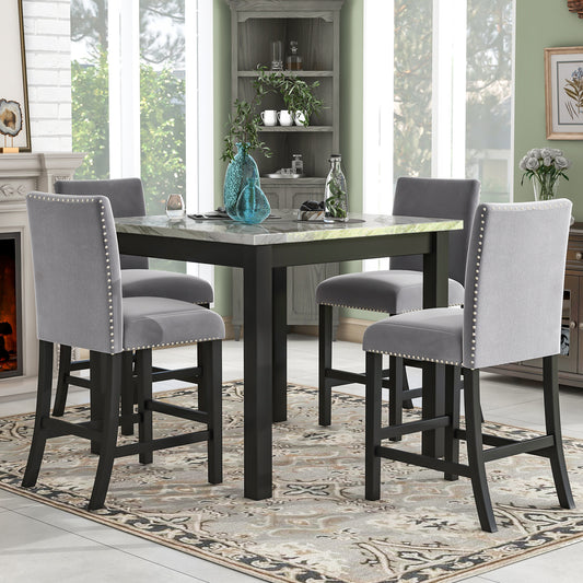 5-piece Counter Height Dining Table Set with One Faux Marble Dining Table and Four Upholstered-Seat Chairs, Table top: 40in.L x40in.W, for Kitchen and Living room Furniture,Grey