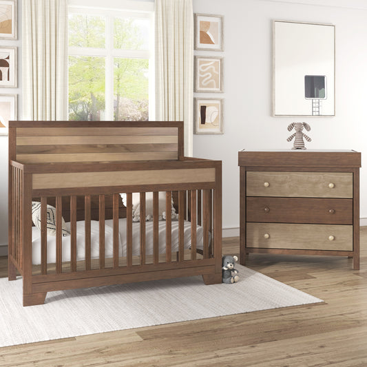 3-Piece Brown Nursery Set: Crib, Changer Dresser with Removable Tray