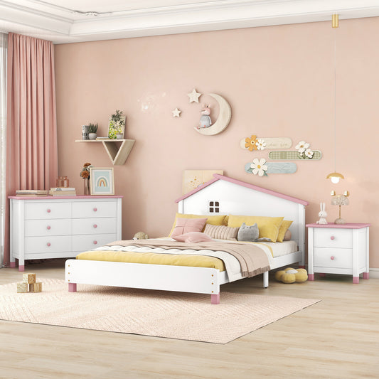 Full Size Platform Bedroom Set with Nightstand, Storage Dresser, White+Pink