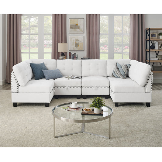 U shape Modular Sectional Sofa,DIY Combination,includes Four Single Chair and Two Corner,Ivory Chenille