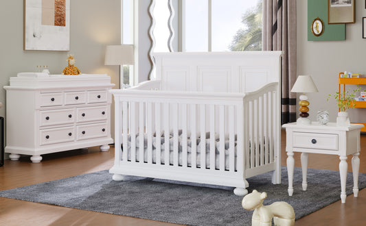 4-Piece Farmhouse Nursery Set: Convertible Crib + Nightstand + Dresser - White