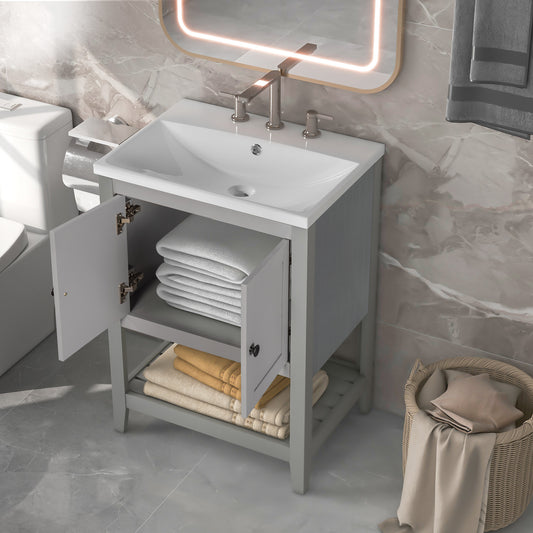 24" Grey Modern Sleek Bathroom Vanity Elegant Ceramic Sink with Solid Wood Frame Open Style Shelf