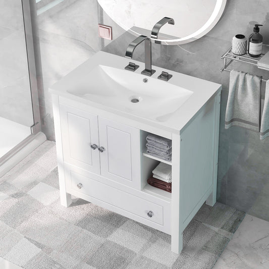30" Bathroom Vanity with Sink, Bathroom Storage Cabinet with Doors and Drawers, Solid Wood Frame, Ceramic Sink, White