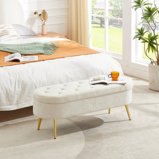Storage bench velvet suit a bedroom soft mat tufted bench sitting room porch oval footstool  Beige white teddy velvet