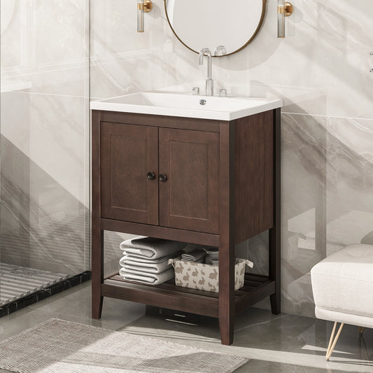 24" Brown Modern Sleek Bathroom Vanity Elegant Ceramic Sink with Solid Wood Frame Open Style Shelf