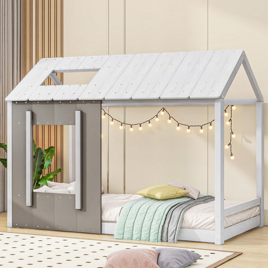 Twin Size House Platform with Roof and Window, White+Antique Grey