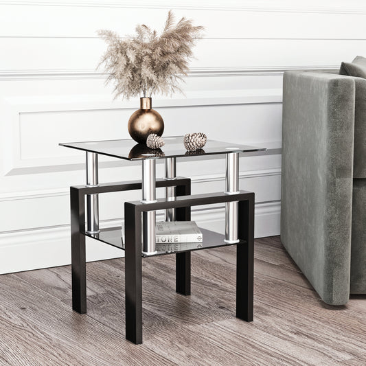 1-Piece Modern Tempered Glass Tea Table Coffee Table End Table, Square Table for Living Room, Black