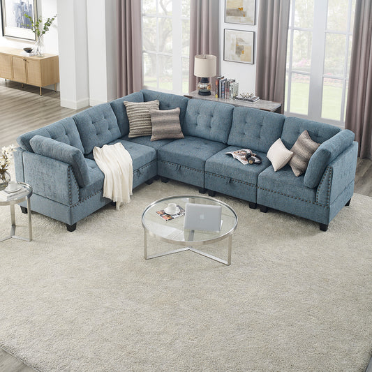 L shape Modular Sectional Sofa,DIY Combination,includes Three Single Chair and Three Corner ,Navy Chenille
