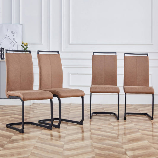 Modern Dining Chairs, Leathaire Fabric High Back Upholstered Side Chair with C-shaped Tube Black Metal Legs for Dining Room Kitchen Vanity Patio Club Guest Office chair (Set of 4) (Brown + Fabric)1162